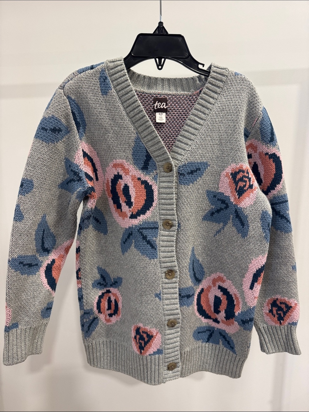 Tea Collection Gray Floral Intarsia Button Cardigan with Pink and Navy Flowers